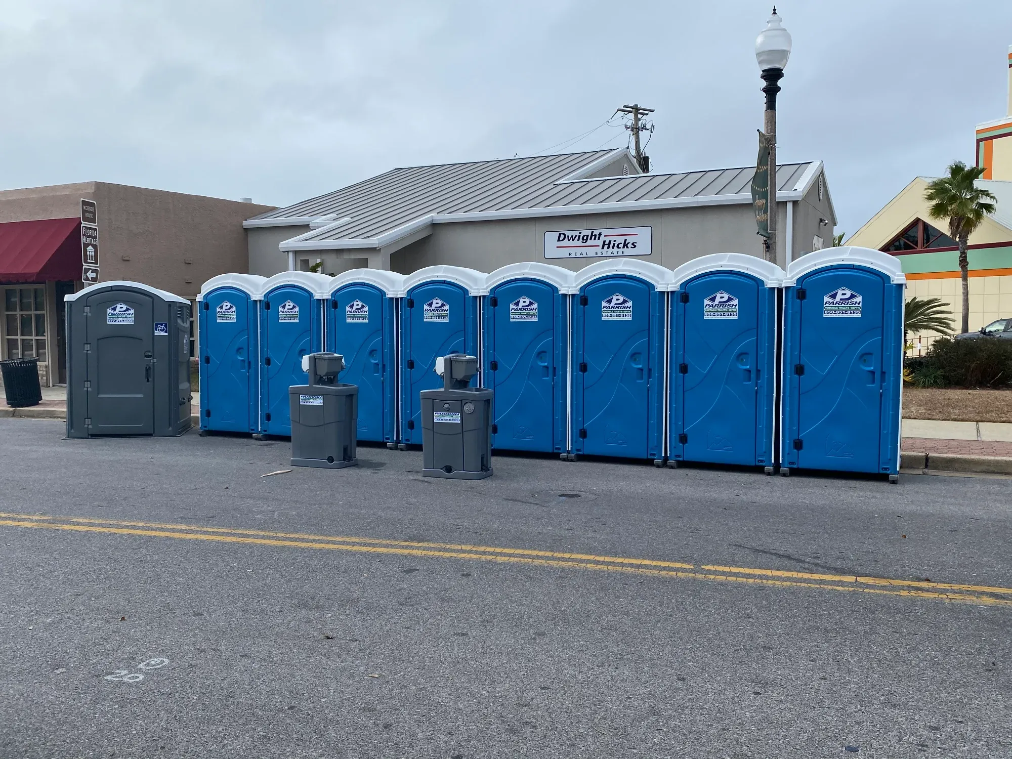 Parrish porta potties and handwash stations set up for a street event