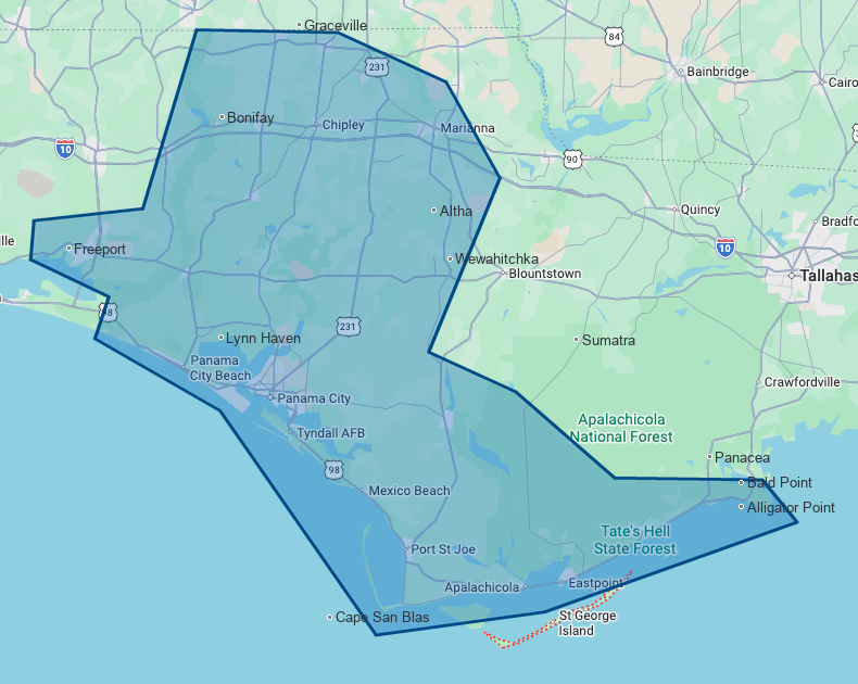 Map of the Parrish porta potty rental service area across the Florida Panhandle
